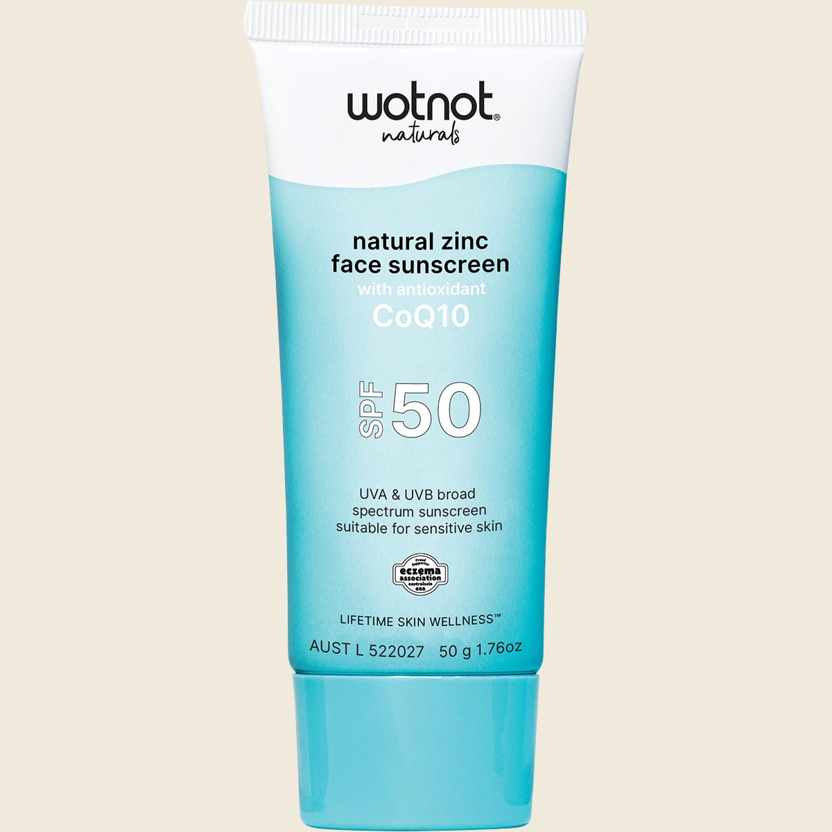Wotnot Natural Zinc Face Sunscreen SPF50 with antioxidant CoQ10 50g