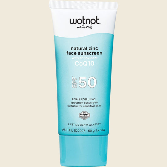 Wotnot Natural Zinc Face Sunscreen SPF50 with antioxidant CoQ10 50g